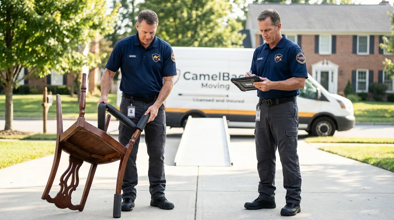 Movers inspecting furniture for damage prevention before loading in Reserve, NM