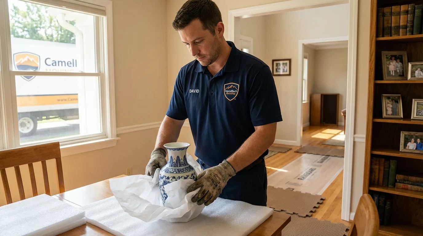Professional crew carefully wrapping antique vase for senior downsizing move in Reserve, NM
