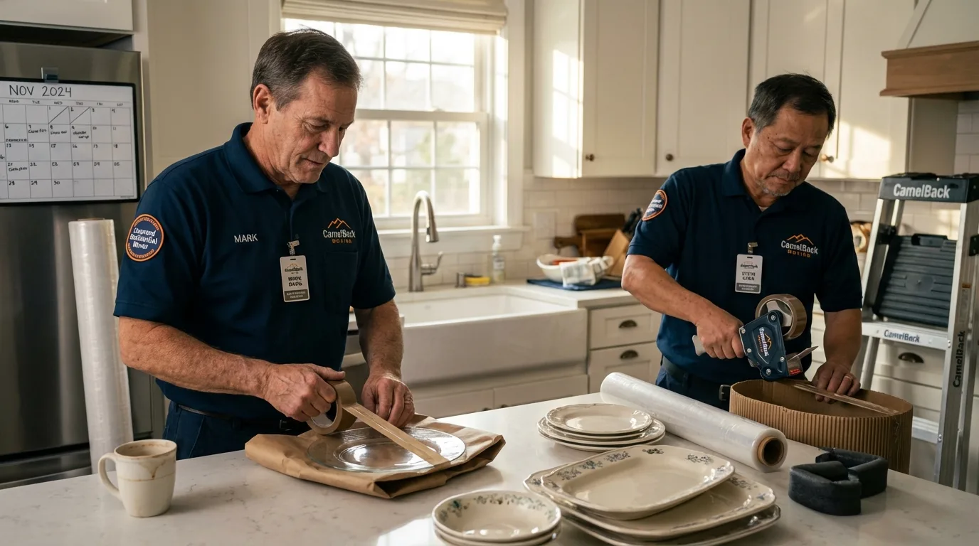 Professional crew packing kitchen dishware in Reserve, NM
